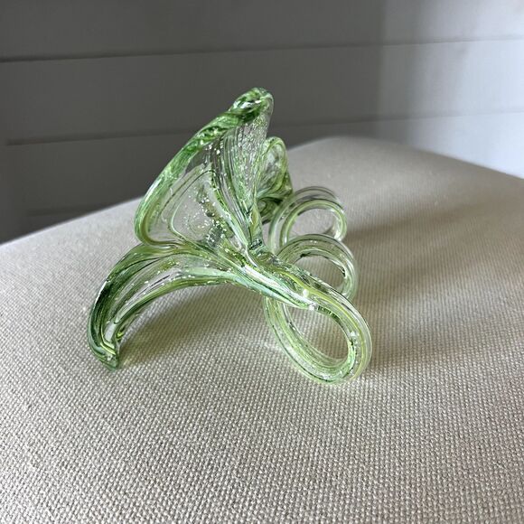 Genuine Murano Flower Vase Hand Blown Art Glass 3-Petal Green White Italy EUC - Picture 10 of 13